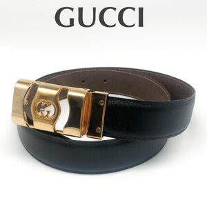 Authentic GUCCI belt GG gold  italy rare vintage black men's interlocking